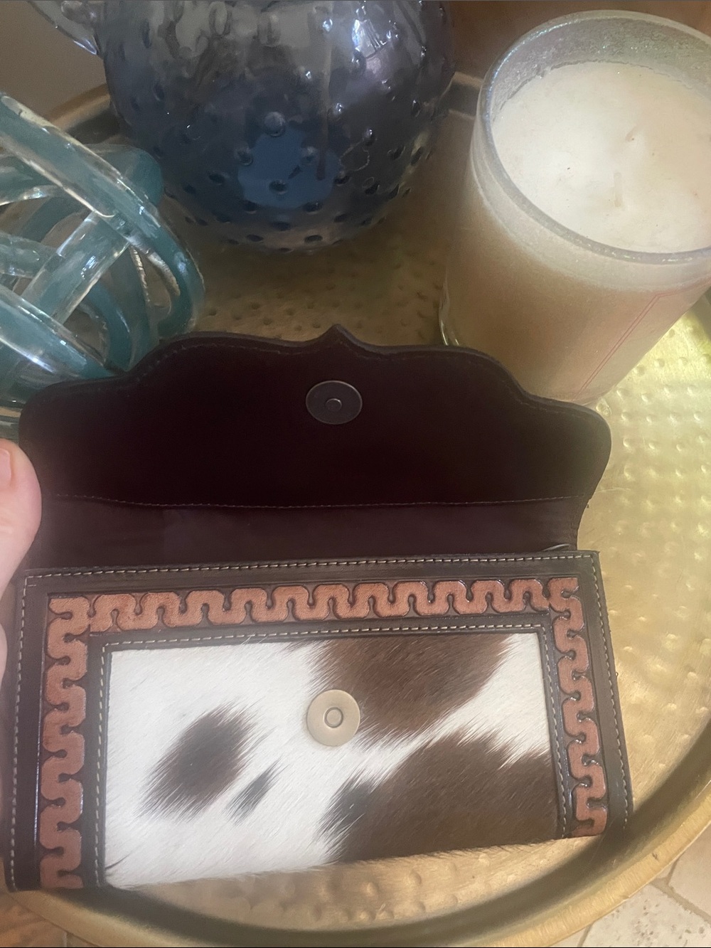 Leather Pony Fur Clutch Wallet Purse Brown Turquoise Accent Beautiful - Picture 6 of 16